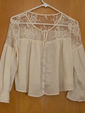 Free People Crop Boho Button Up Top Size S White Sheer Lace Puff Sleeve Festival